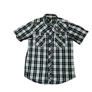 5/$25 Helix men’s Y2K black pearl snap short sleeve plaid shirt size large